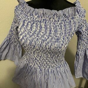 Joseph Ribkoff Blue and White Smocked Blouse